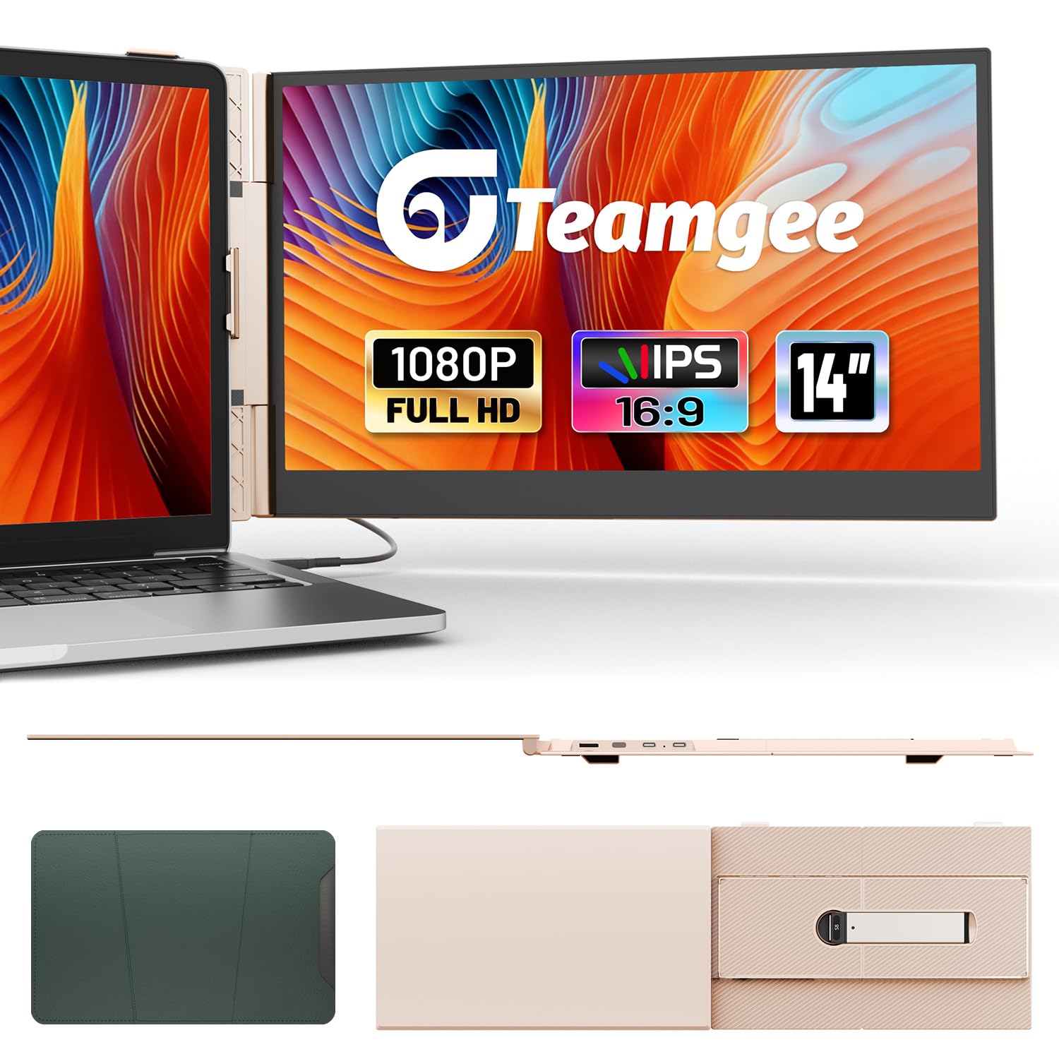 Teamgee 14,1" Laptop Bildschirm Erweiterung, 0,6kg Roségold Ultradünne Portable Monitor verstellbarem Drehständer, 1080P FHD Reisemonitor für 13"-17,3" Laptops, Plug & Play für Mac/Winds/Samsung DEX