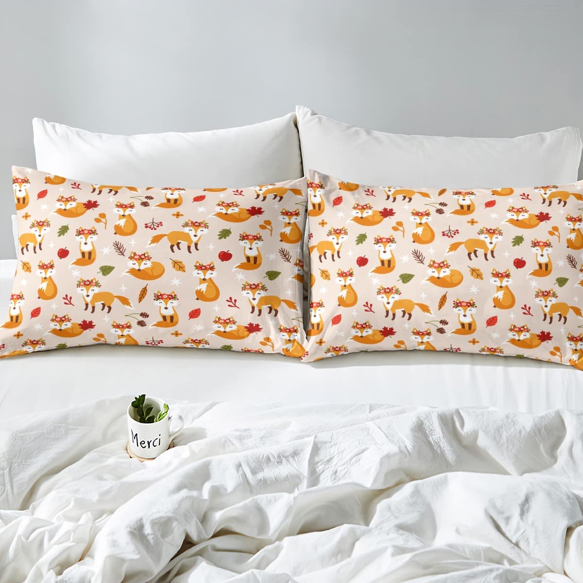 Juego de sábanas de zorro de dibujos animados, estampado floral botánico para niños y niñas, decoración de vida silvestre con bolsillo profundo, juego de ropa de cama de microfibra, juego de sábanas