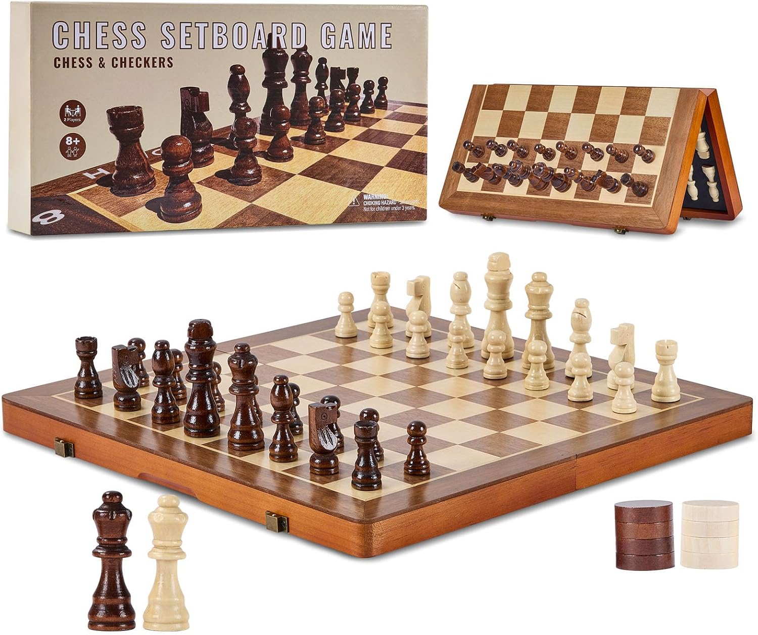 Happybuy 15-Inch Magnetic Wooden Chess Set, 2-in-1 Checkers & Chess Game for Adults & Kids, Folding Travel Chess Board with 2 Queens, Portable Tournament Set for Beginners and Professionals