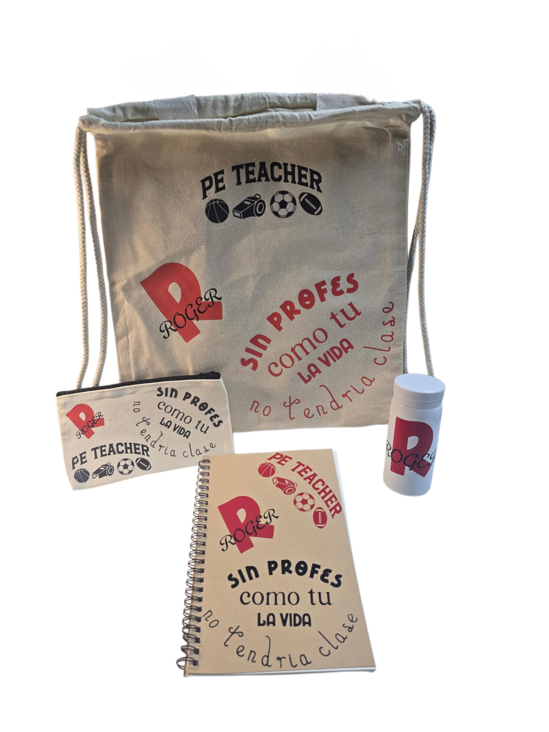 Set de Regalo Personalizado para Profesores - opcions amb català – Mochila o Tote Bag, Estuche, Libreta y Termo – con Nombre, Frase, Nombres de los Niños, Colegio y Curso – Fin de Curso Maestro/a