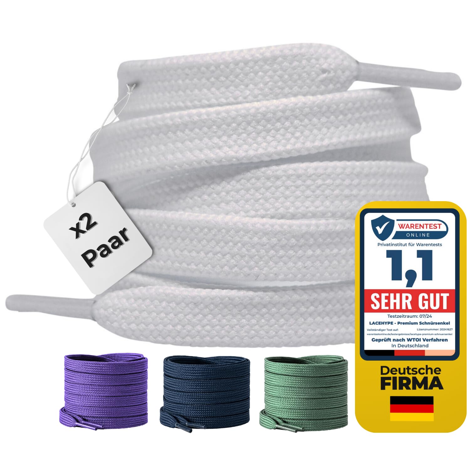 LaceHype 2 Paar Premium Schnürsenkel flach [10 mm breit ] LC1 reißfest Schuhbänder Ersatz Shoelaces aus Polyester für Sneaker, Sportschuhe, Laufschuhe, Turnschuhe (Weiß, 100)