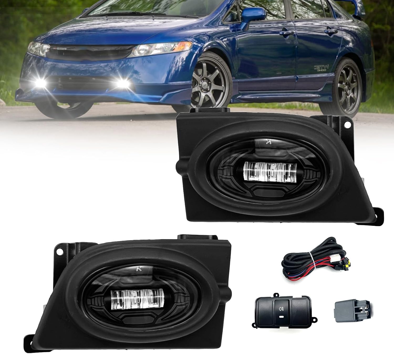 LED Fog Lights Compatible with 2006 2007 2008 Honda Civic 4 Door 1 Pair Front Bumper Driving Fog Lamps with Switch and Wiring kit-Clear Lens