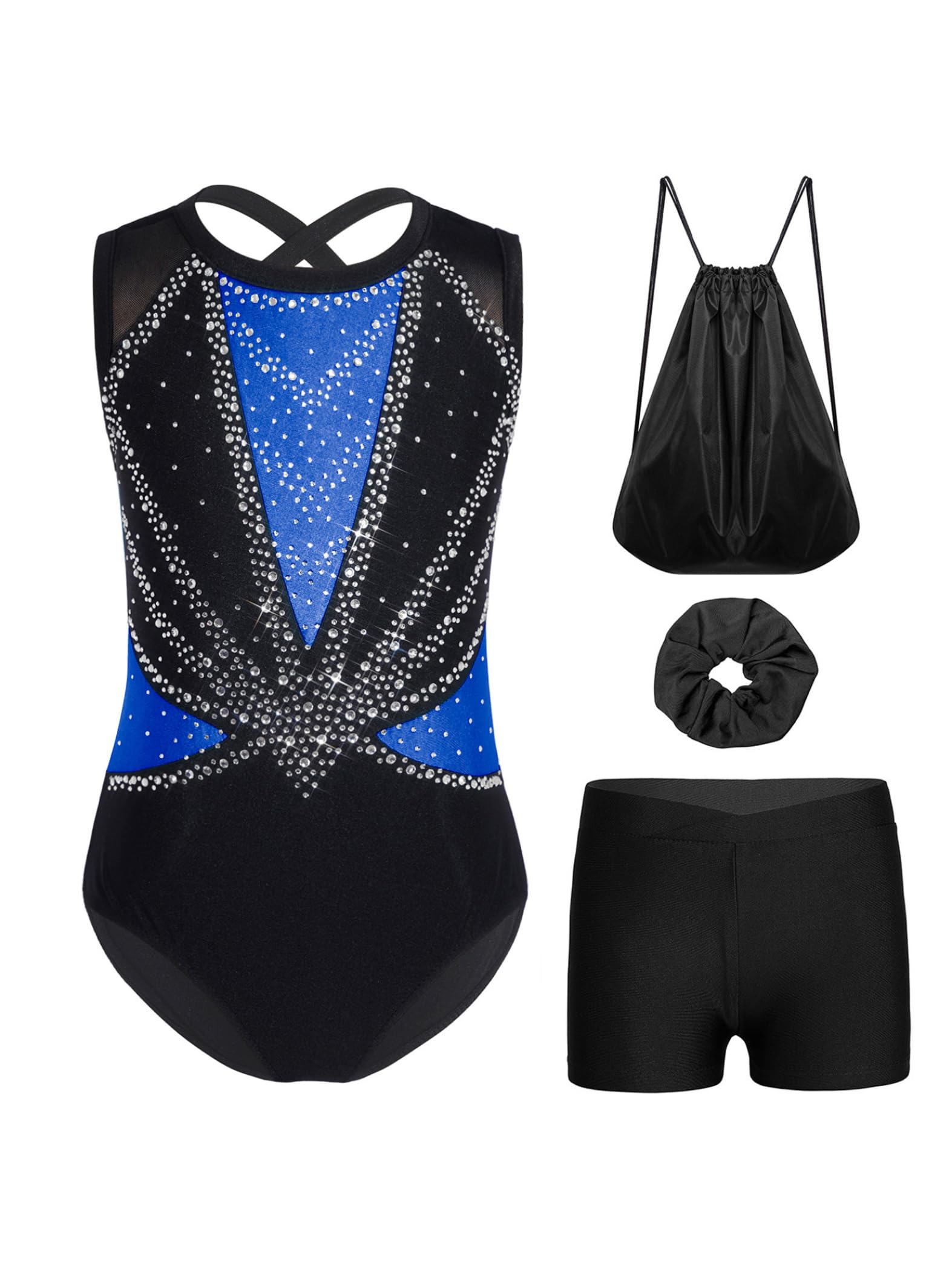 4Pcs Mädchen Turnanzug Glitzer Gymnastikanzug mit Shorts Haarband Rucksack Ärmellos Ballettanzug Wettbewerb Tanzkostüm