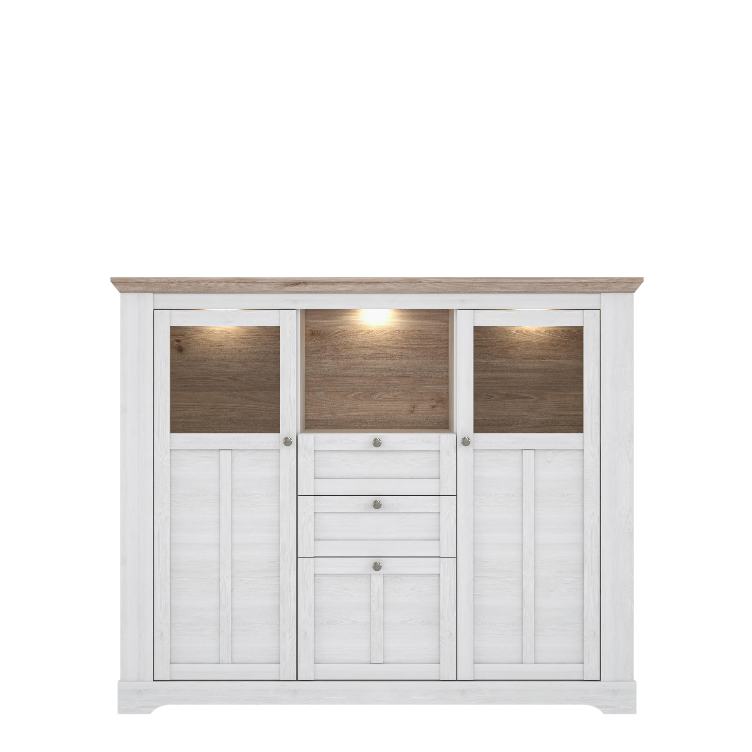 Forte ILOPPA Vitrine 165, Vitrine mit 3 Türen und 2 Schubladen, Vitrinenschrank im Landhausstil, Holzwerkstoff, Nelson Eiche/Schneeeiche Holzdekor, 165 cm breit x 136,1 cm hoch x 44,3 cm tief