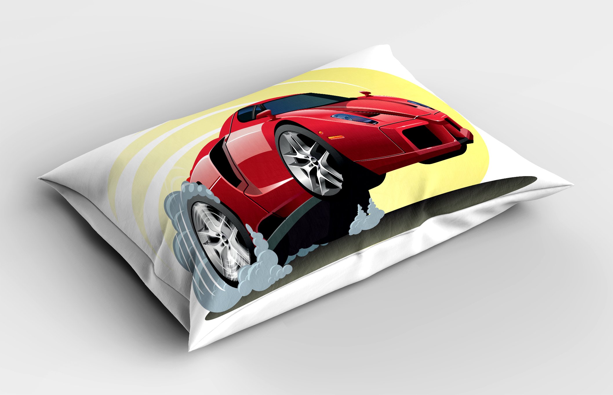Ambesonne Cars Pillow Sham, Powerful Cartoon Red Car Speeding Jumping with Smoke Coming Out of Giant Tires, Decorative Standard Size Printed Pillowcase, 26
