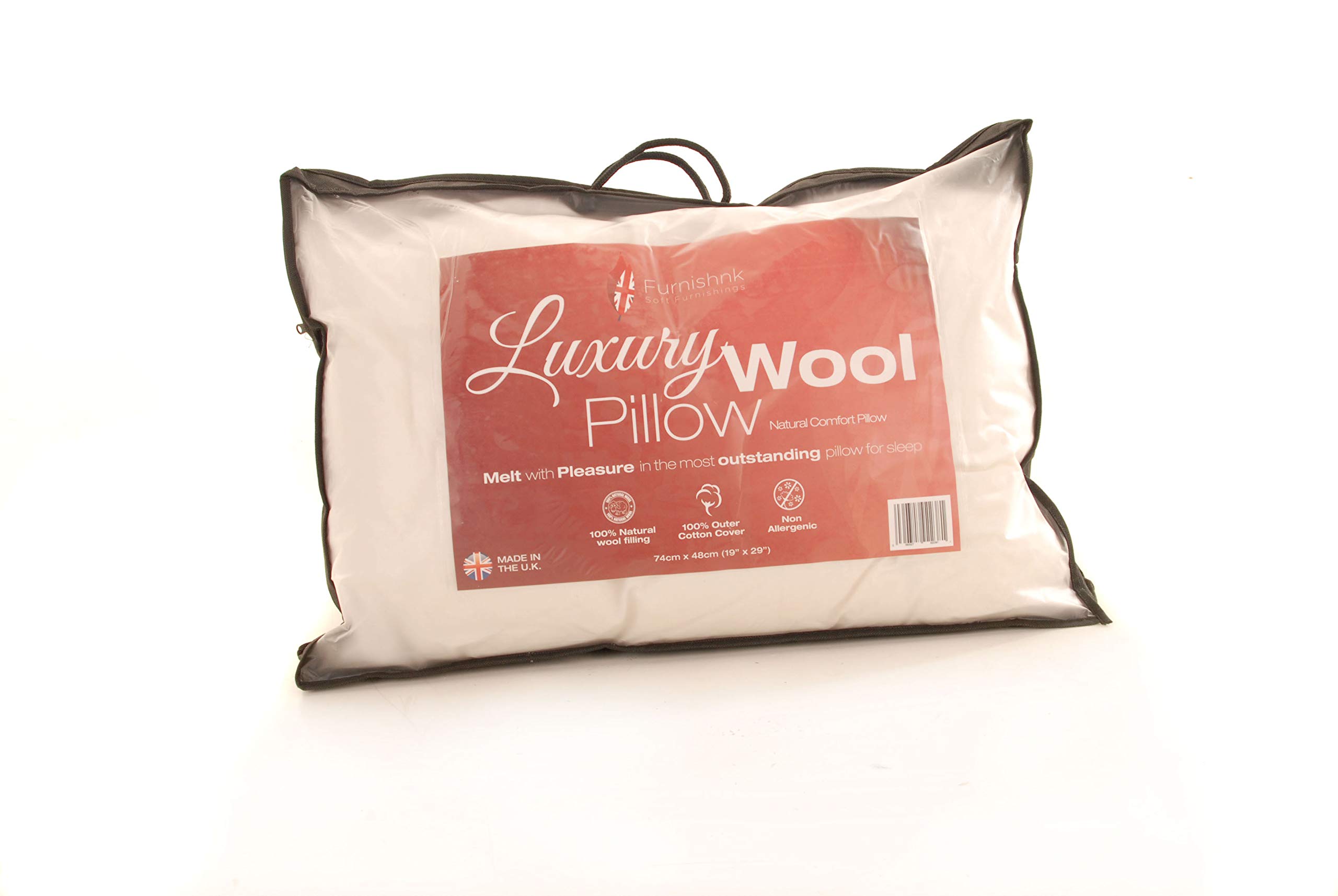 Furnishnk Natural Wool Pillow - Department Store Quality - Hypo Allergenic - Wash At Home Range - 100% Cotton And Zip Cover.