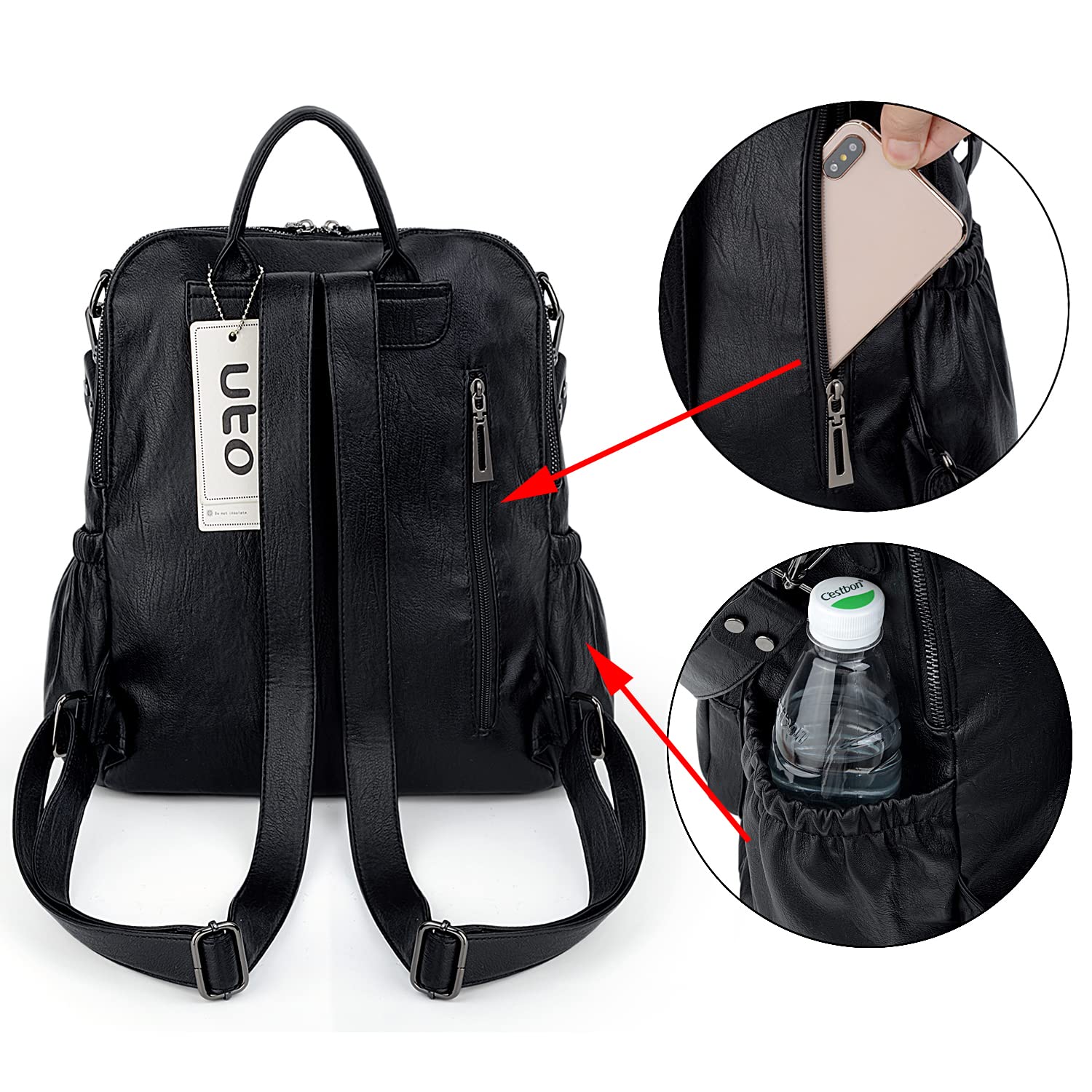 UTO Femme Sac porté Dos Anti-Vol Sac à Main porté épaule Glands Multi Compartiment PU Cuir lavé - 5