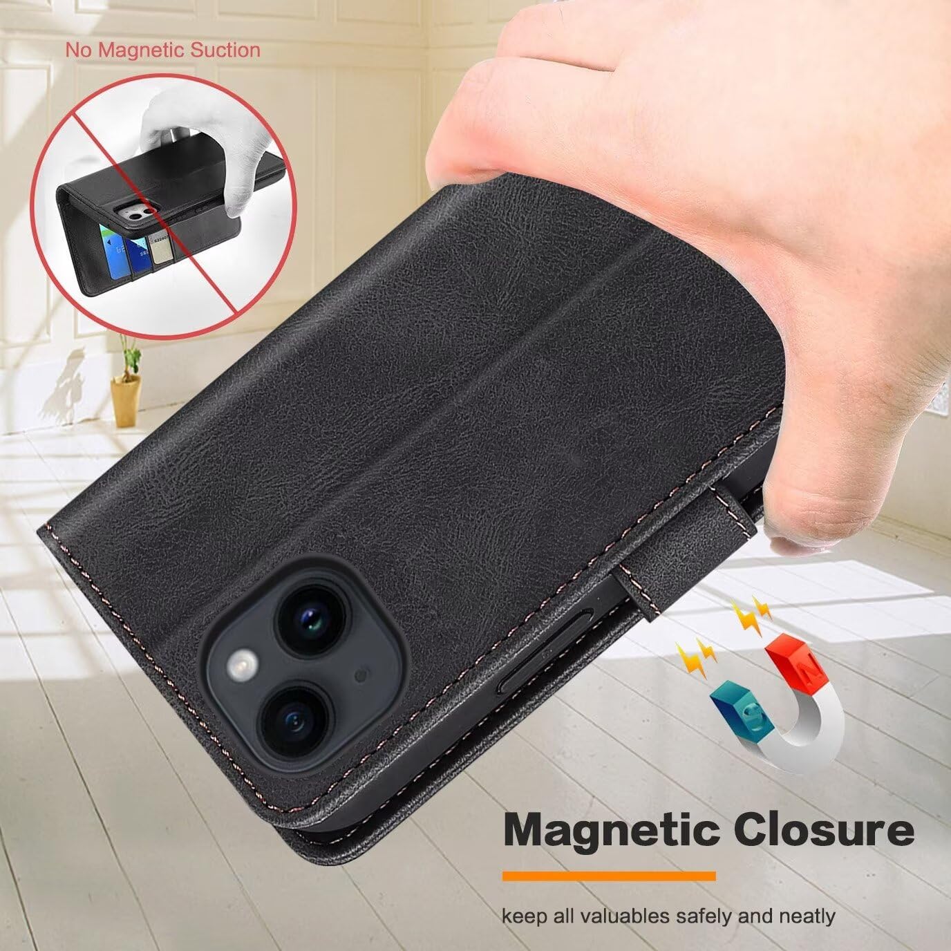 GoodcAcy Case for iPhone 16 Leather Wallet Book Flip Folio Stand View Magnetic Closure with Card Slots Cover Case Compatible with iPhone 16 (Black) - Image 2