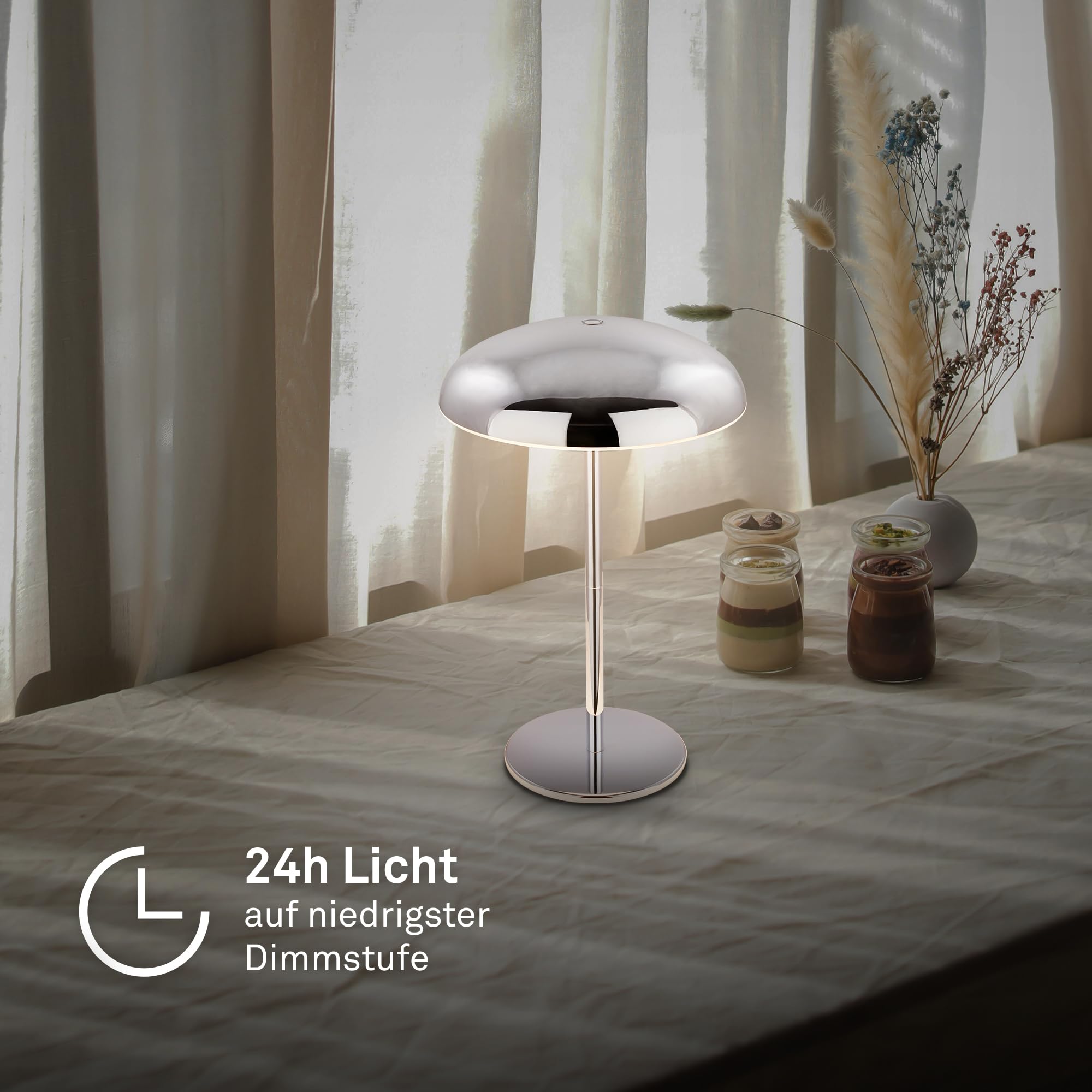 BRILONER - Lampara de mesa sin cable LED IP44 con borde luminoso, regulador táctil, batería intercambiable, lampara mesita noche sin cable, lampara mesa recargable, 19,5x30,5 cm, cromo