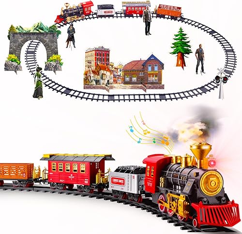 Miniatura 5 de POCO DIVO Juego de tren de vapor retro grande, juguete eléctrico de carril de árbol de Navidad, locomotora de carga tierna de pasajeros, juego de