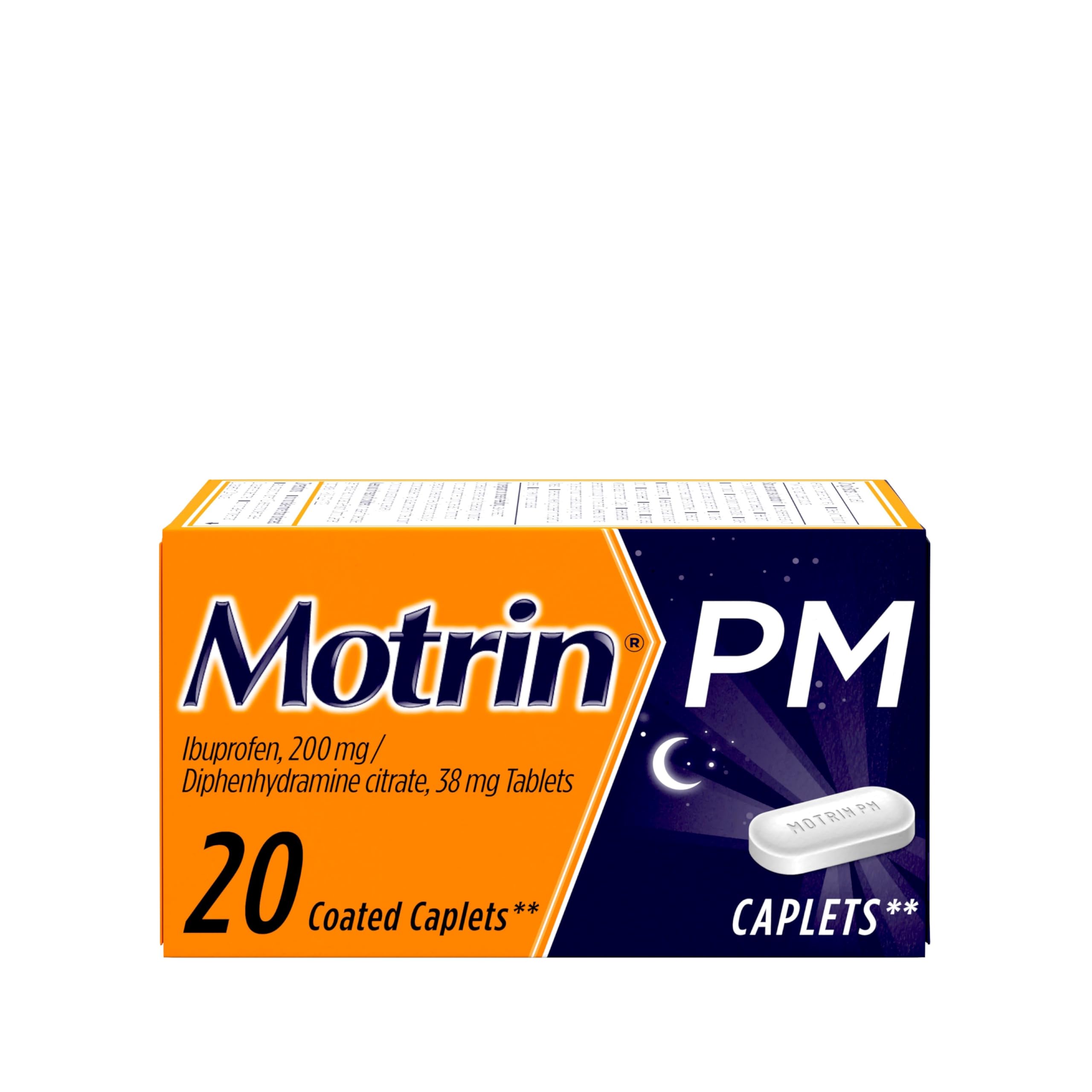 Motrin PM Caplets, 200 mg Ibuprofen & 38 mg Sleep Aid, Nighttime Relief for Minor Pains, 20 ct