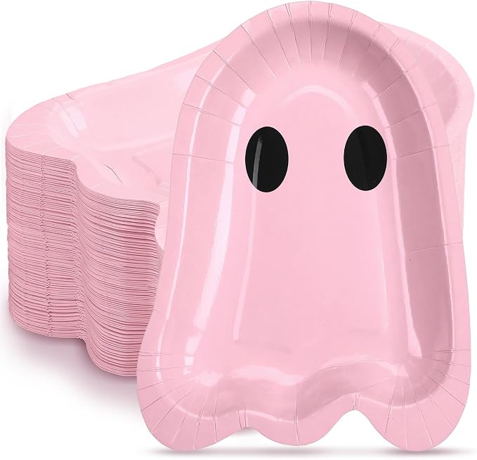 FoldTier 100 Pcs 9'' Halloween Pink Paper Plates Ghost Disposable Plates