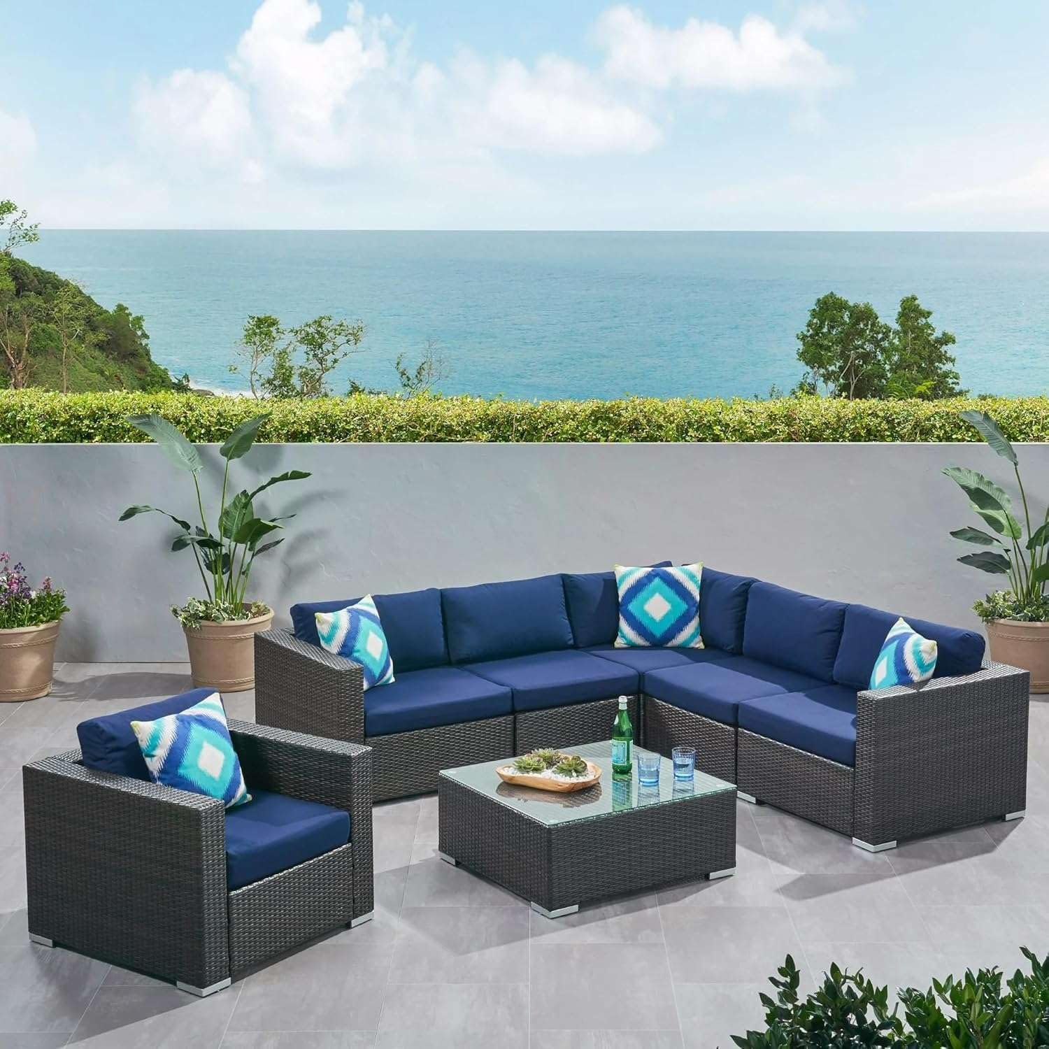 NIRANKAR HDPE Wicker Rattan 4 Piece Outdoor L Shape Sectional Sofa Set with Single Chair and Glass Top Center Table Furniture for Garden, Deck, Backyard, Balcony & Terrace (Dark Brown & Navy Blue)