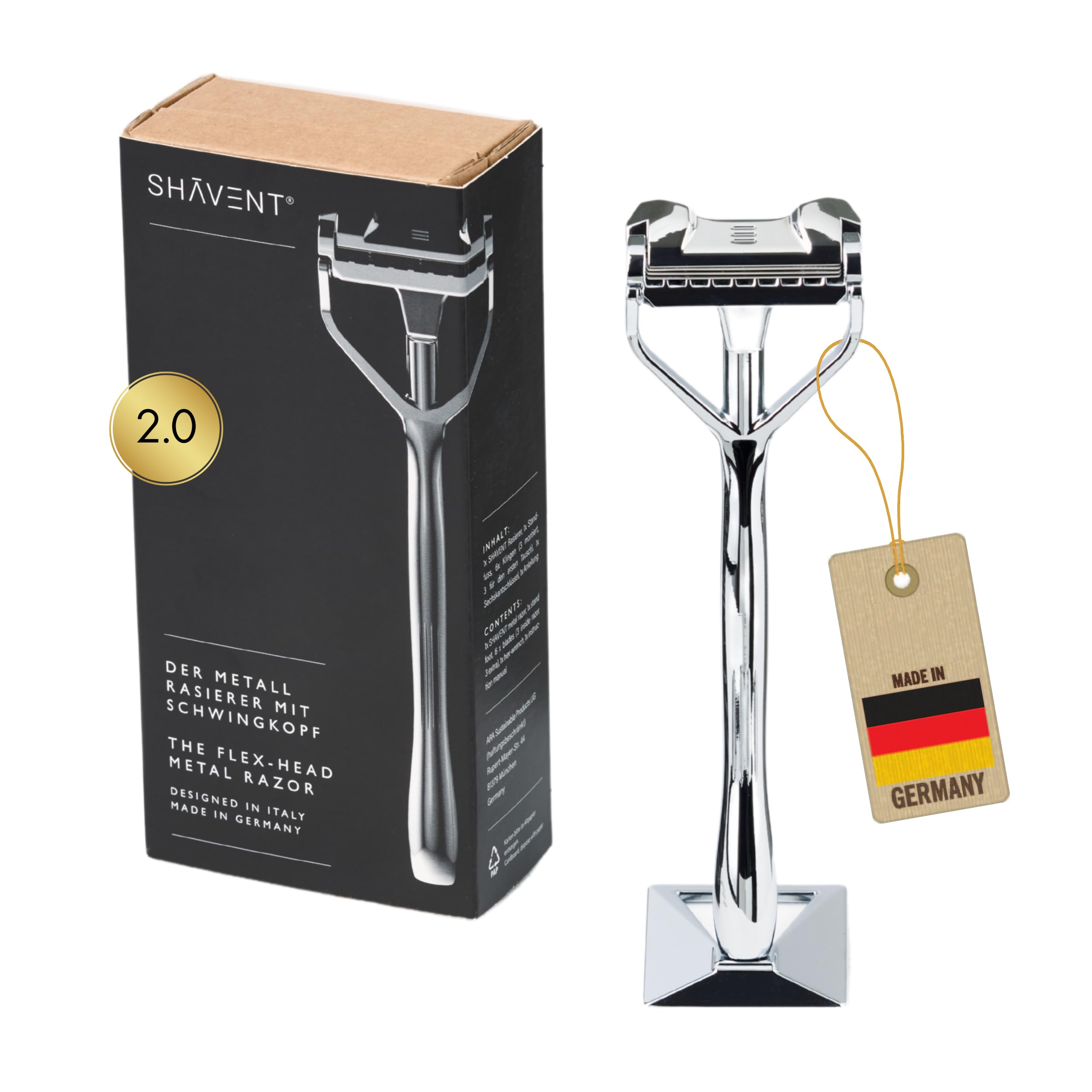 SHAVENT Original 2.0 - Maquinilla de afeitar de cabeza oscilante para hombre, maquinilla de afeitar de metal para todo el cuerpo, cuchillas baratas, sin plástico y duradera, fabricada en DE (cabeza