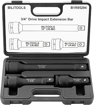 BILITOOLS 3Pcs Impact Extension Set, 3/4" Drive, 4" 6" 10", CR-MO | CR-MO Steel, Black Phosphate Finish. Spring Detent Lock, Laser-Etched Sizes. For Air, Electric & Pneumatic Impact Wrenches