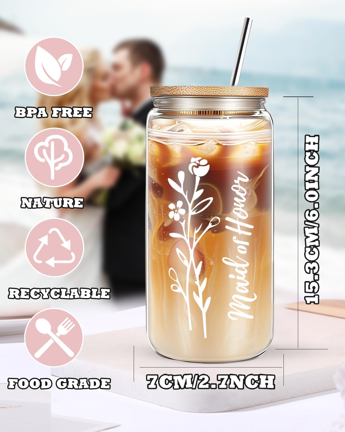 DHQH 6 PCS Bridesmaid Proposal Gifts, 16 Oz Bride Glass Cups with Bamboo Lids and Straw, Maid of Honor Gifts for Bridal Shower Wedding Bachelorette Party - Image 2