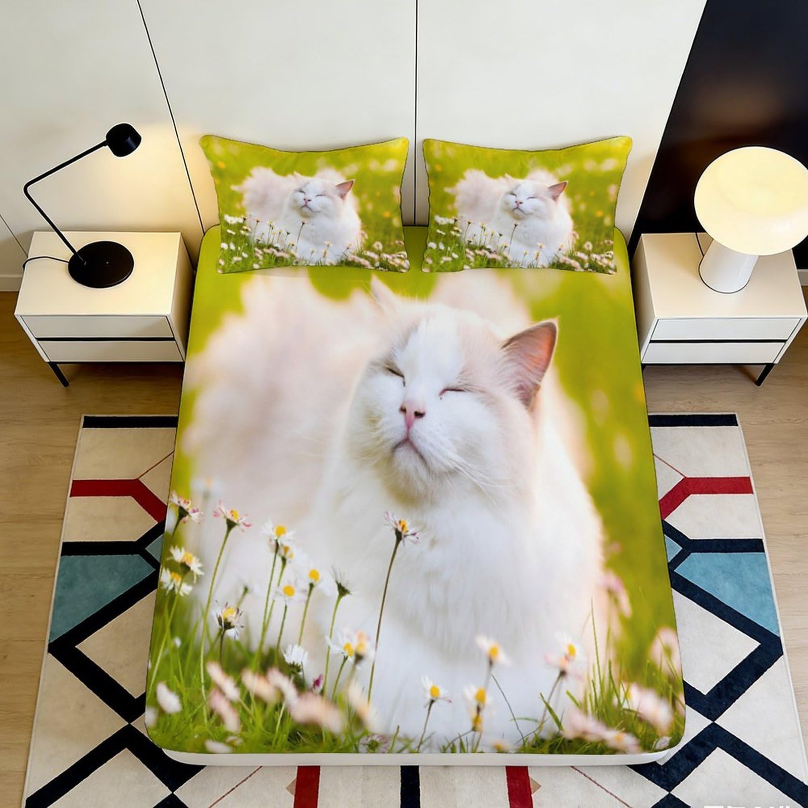 3D Printed White Fluffy Cat Fitted Sheet Microfiber Soft Mattress Cover for Bedroom Guestroom Decoration Dustproof 90x200x25cm