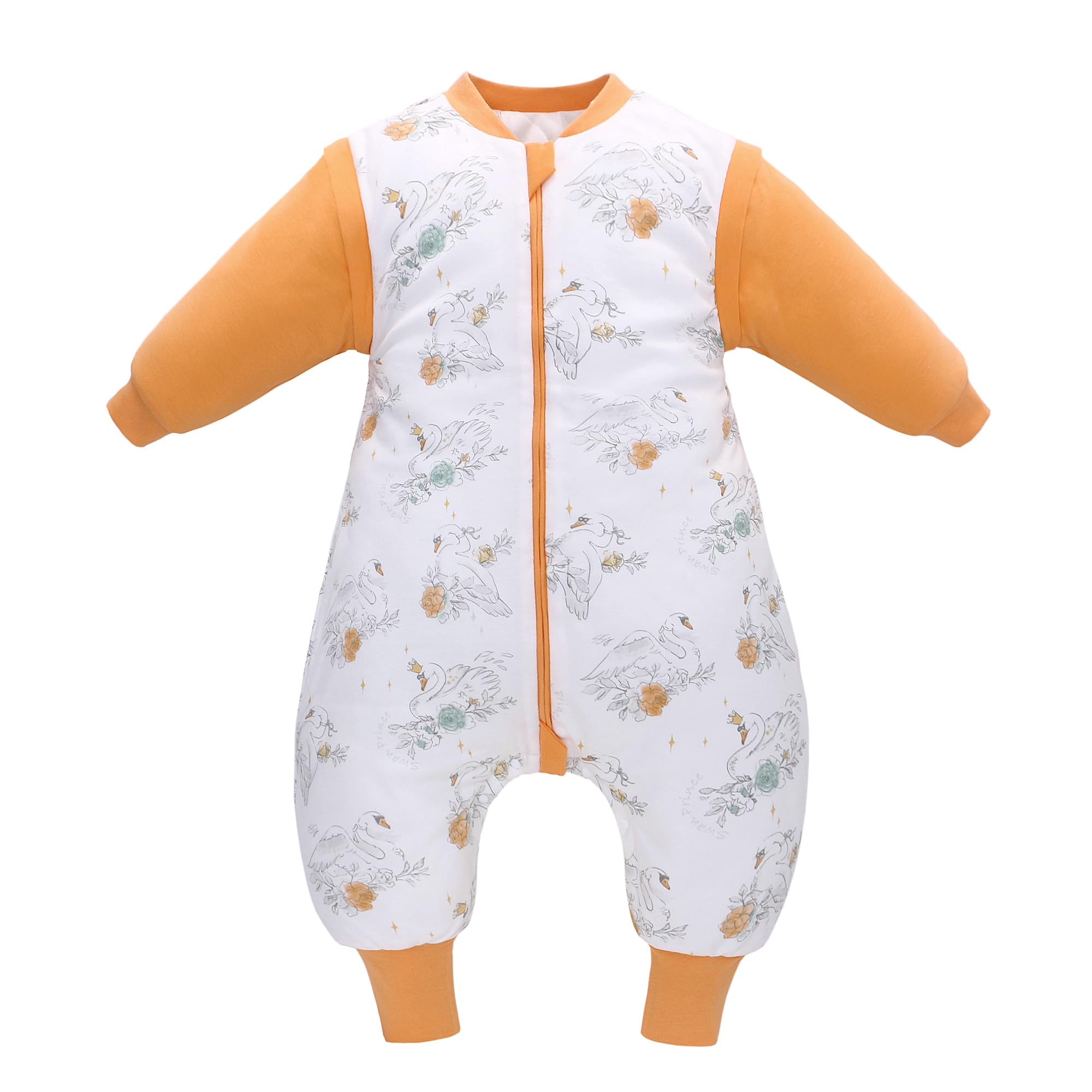 LAT Baby Sleeping Bag with Feet Removable Sleeves,2.5 TOG 100% Cotton Toddler Sleeping Bag with Legs,3-way Zipper Winter Wearable Blanket (Swan+Orange, L)