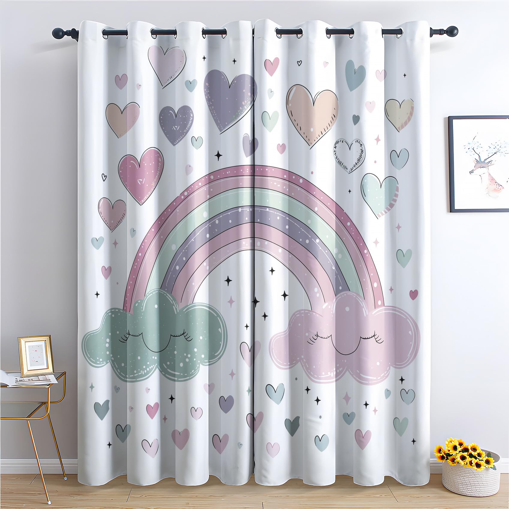 Regenbogen Wolken Vorhänge, Verdunklungsvorhänge mit Muster Kinder Mädchen, Vorhang Blickdicht mit Ösen, Gardinen für Wohnzimmer Schlafzimmer Kinderzimmer Deko 2er Set - 160x132 (H X B) (Gc-&379)
