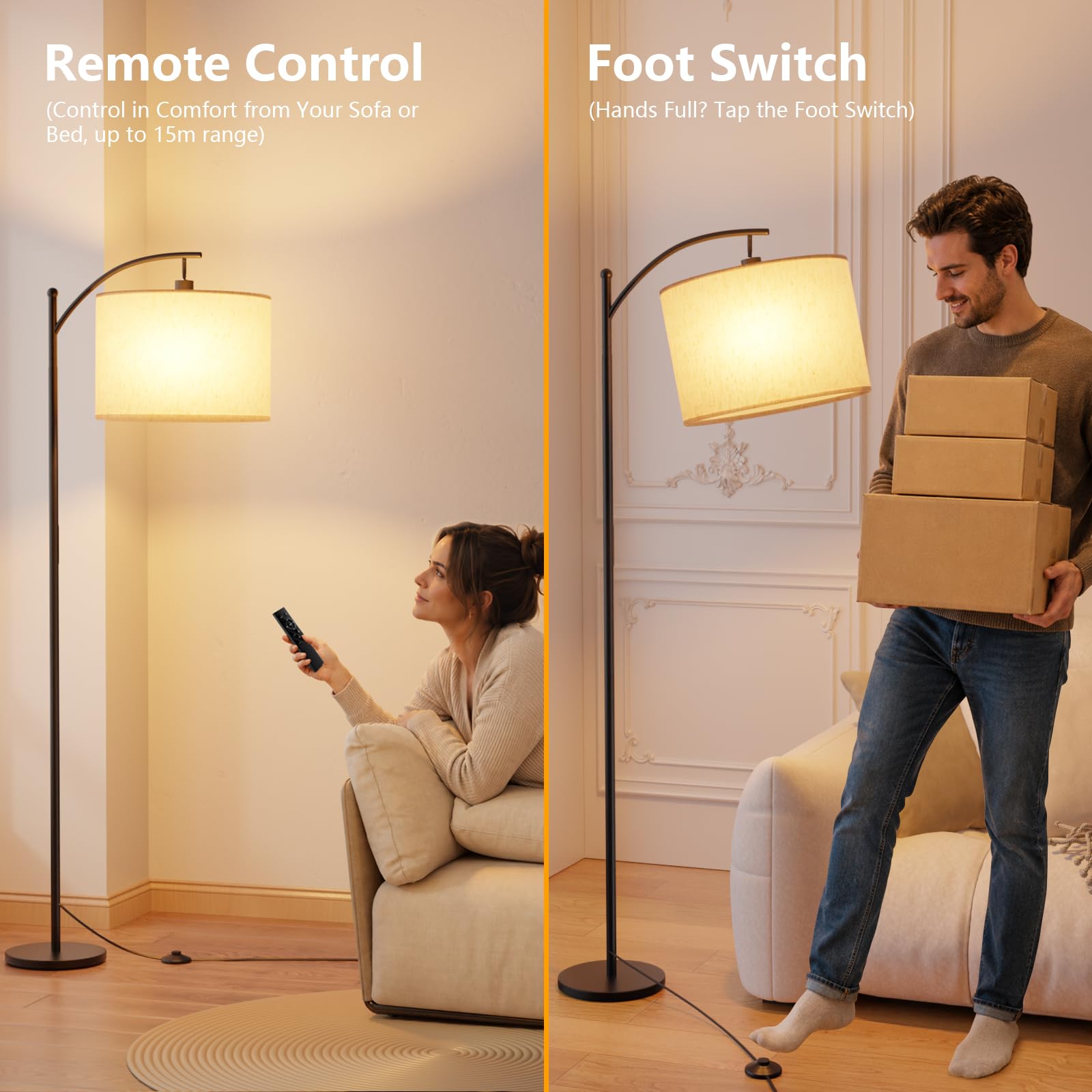 Stehlampe Wohnzimmer Dimmbar 160cm mit Fernbedienung, 3 Farbwechsel | Moderne Bogenlampe Wohnzimmer, mit Verstellem Beigen Leinen-Lampenschirm, Fußtaster, Metallaufbau, E27 Glühbirne Inklusive