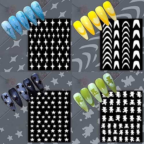 Miniatura 9 de JERCLITY 6 hojas de plantillas de aerógrafo, calcomanías de uñas para arte de uñas, autoadhesivas, estrellas, mariposa, punta francesa, corazón,