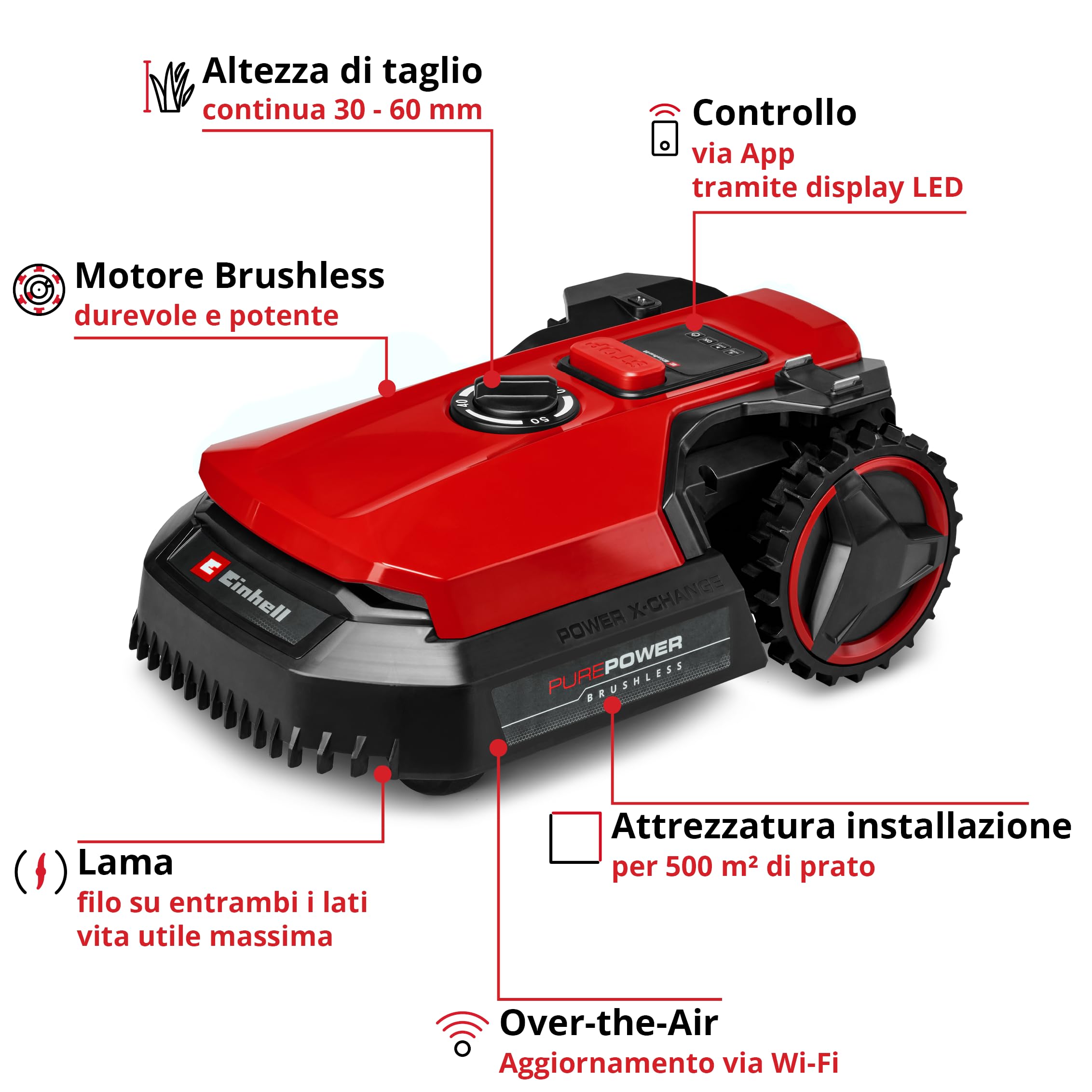 Tosaerba robotizzato Einhell FREELEXO 500 Power X-Change (18 V, controllo App, IPX5, aggiornamenti over-the-air via Wi-Fi, incl. set di installazione per 500 m² + 2,5 Ah Plus)