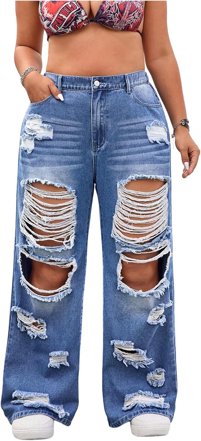 Floerns Women's Plus Size High Waist Distressed Jeans Straight Leg Casual Loose Denim Pants