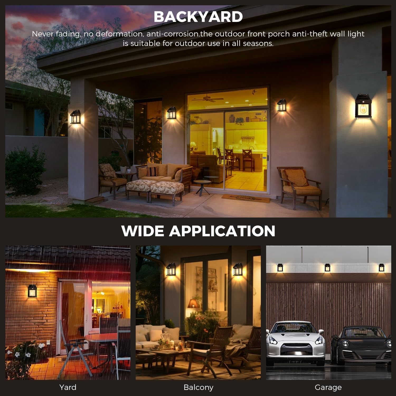 A pearlstar solar wall light installed on a wall in a backyard setting, illuminating the area.