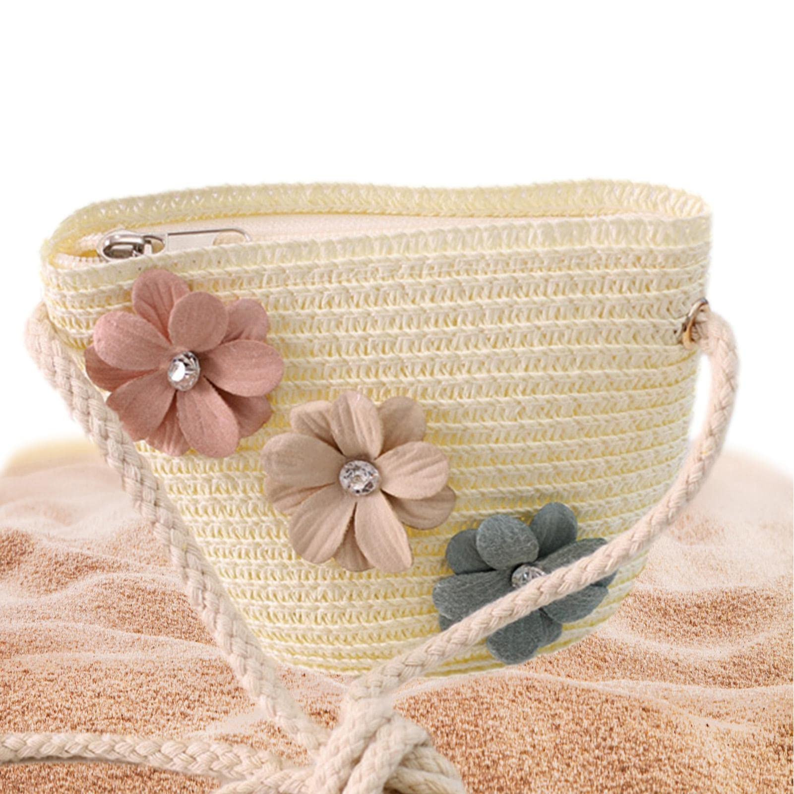 Geteawily Bolsa de paja para niñas, hecha a mano, para verano, playa, bolsa cruzada | Bonita bolsa de hombro de paja tejida para niñas para actividades al aire libre