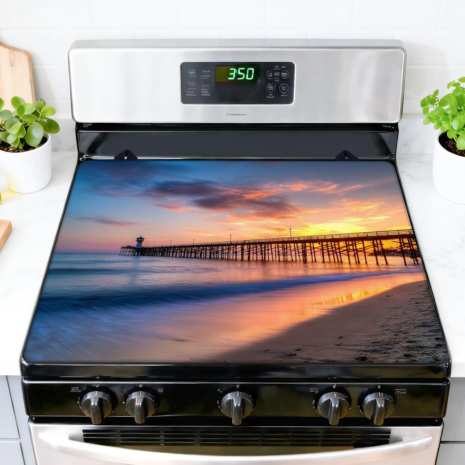 Stove Top Covers for Electric Stove Seal Beach Pier Sunset Glass Cooktop Burner Covers Heat Resistant Protector Kitchen Decor Keep Stove Clean 28''x20''
