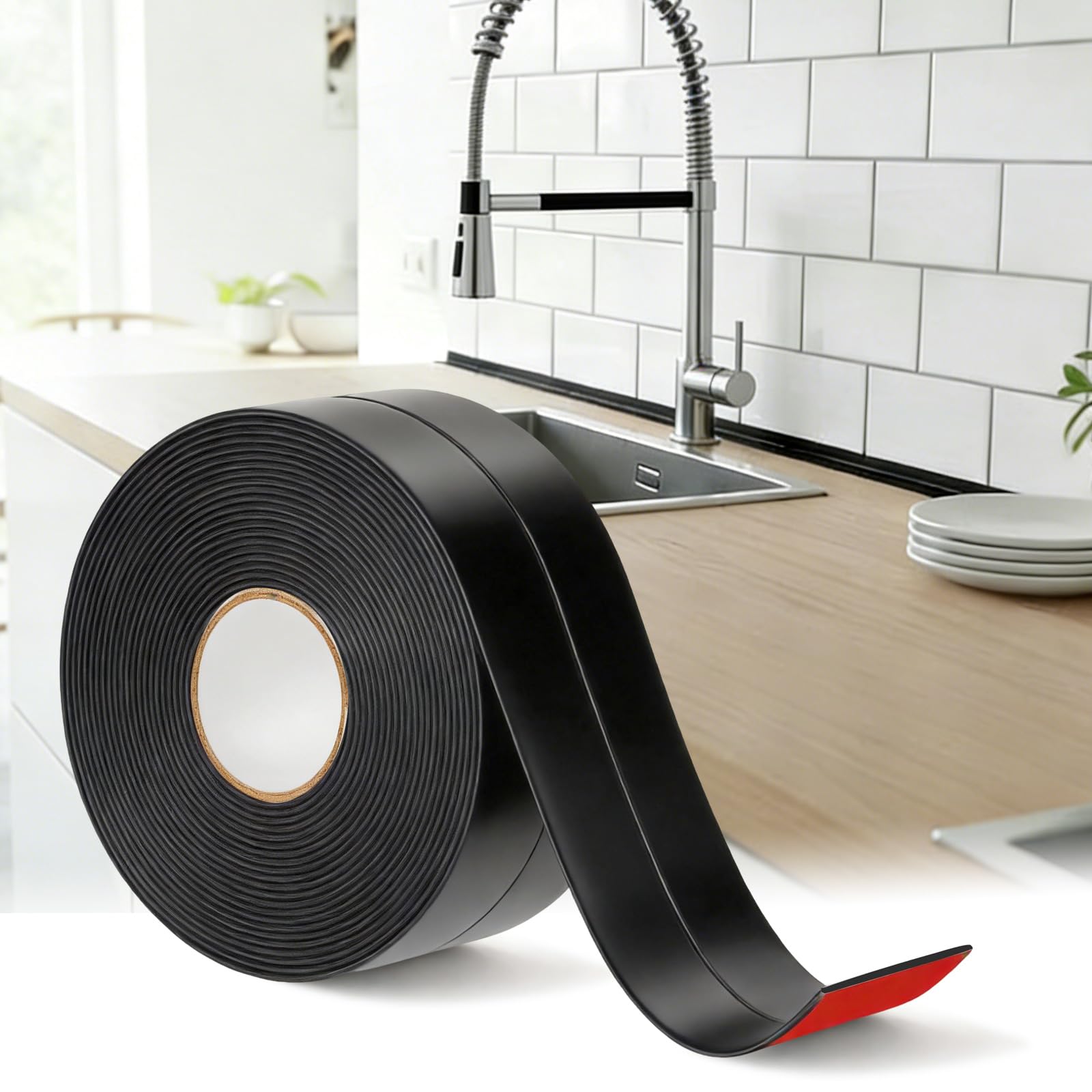 Cinta Selladora Impermeable, 60 mm X 7 m, Rodapies Autoadhesivo Negro - Cinta de Sellado para Baño y Cocina - Adecuado para Fregaderos de Cocina, Lavamanos, Bañera, Inodoro