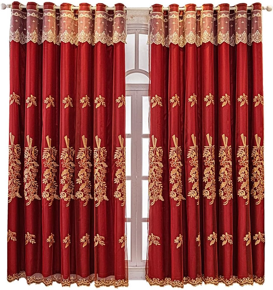 Amidoudou 1 Pair European Double Layer Curtains with Valance for Living Room Bedroom Red Luxury Embroidered Curtains (Red,51x84 Inch)
