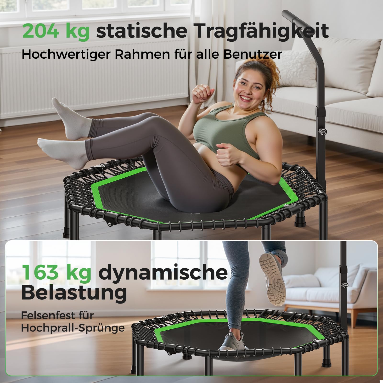 BCAN Achteckiges Indoor-Fitness-Trampolin, 130cm, Trampolin für Erwachsene bis 205 kg, mit verstellbarem T-Griff und großer Sprungfläche, stoßdämpfend und geräuscharm