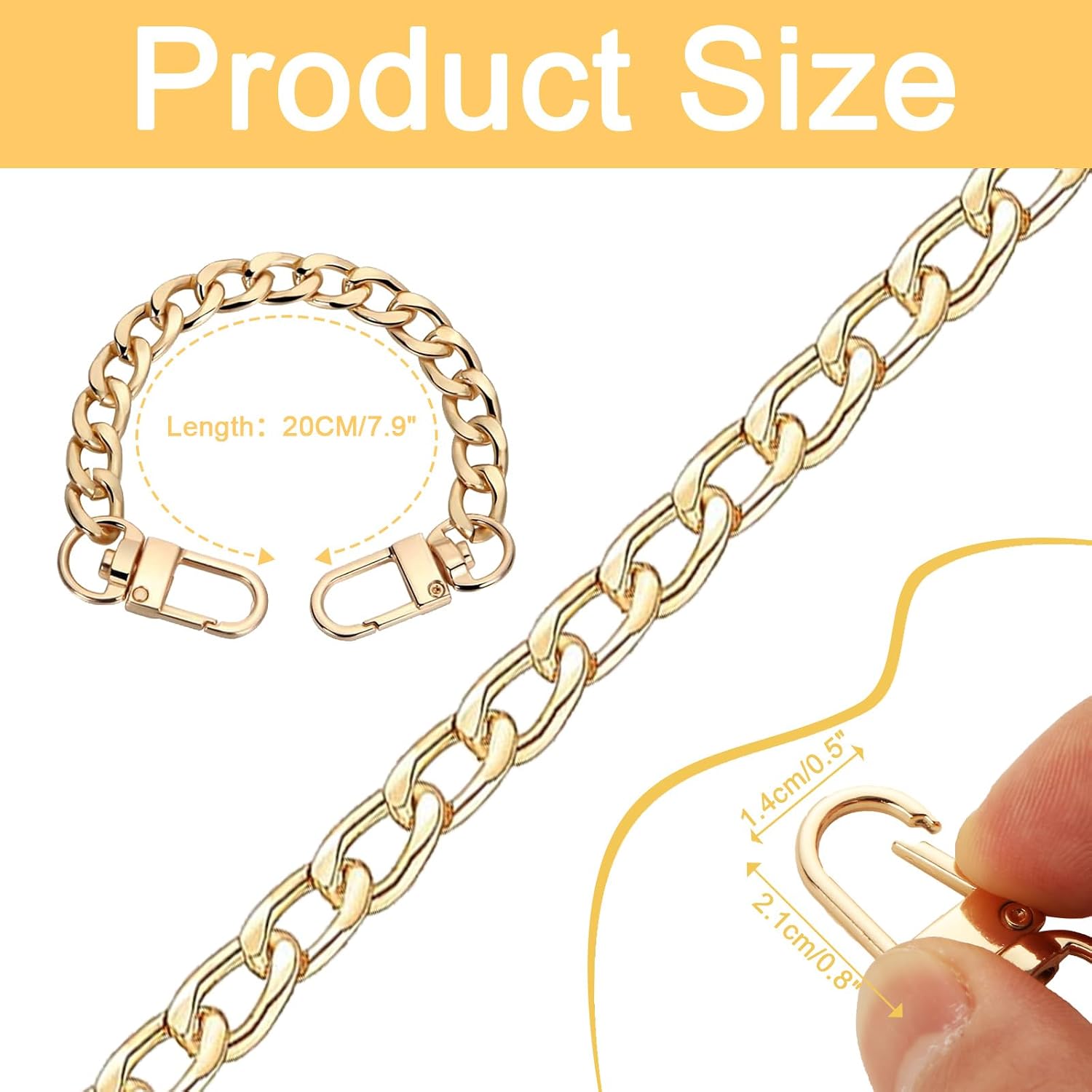 MUXHEL 12 Pcs Purse Chain Strap and 24 Pcs D Ring Rivets Set, 7.9" Gold Purse Chain Strap Extender, Metal Flat Purse Strap Replacement with Metal D Ring Screw Accessories for DIY Wallet