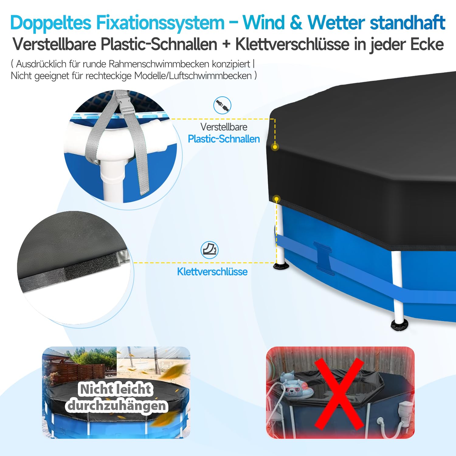 Sekey Poolabdeckung Rund 366 cm – Passend für Runde Stahlrahmenbecken | Verstellbare Schnallen & Klettverschlüssen | Wind- & Staubdicht | Reißfestes Hochdichtes Abdeckplane | Schwarz