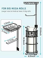 Vista 6 de Soporte de papel higiénico con estante, dispensador de rollos de papel higiénico de pie, con capacidad para 3 grandes rollos de papel jumbo mega