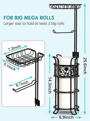 Miniatura 6 de Soporte de papel higiénico con estante, dispensador de rollos de papel higiénico independiente con capacidad para 3 rollos grandes de papel Mega
