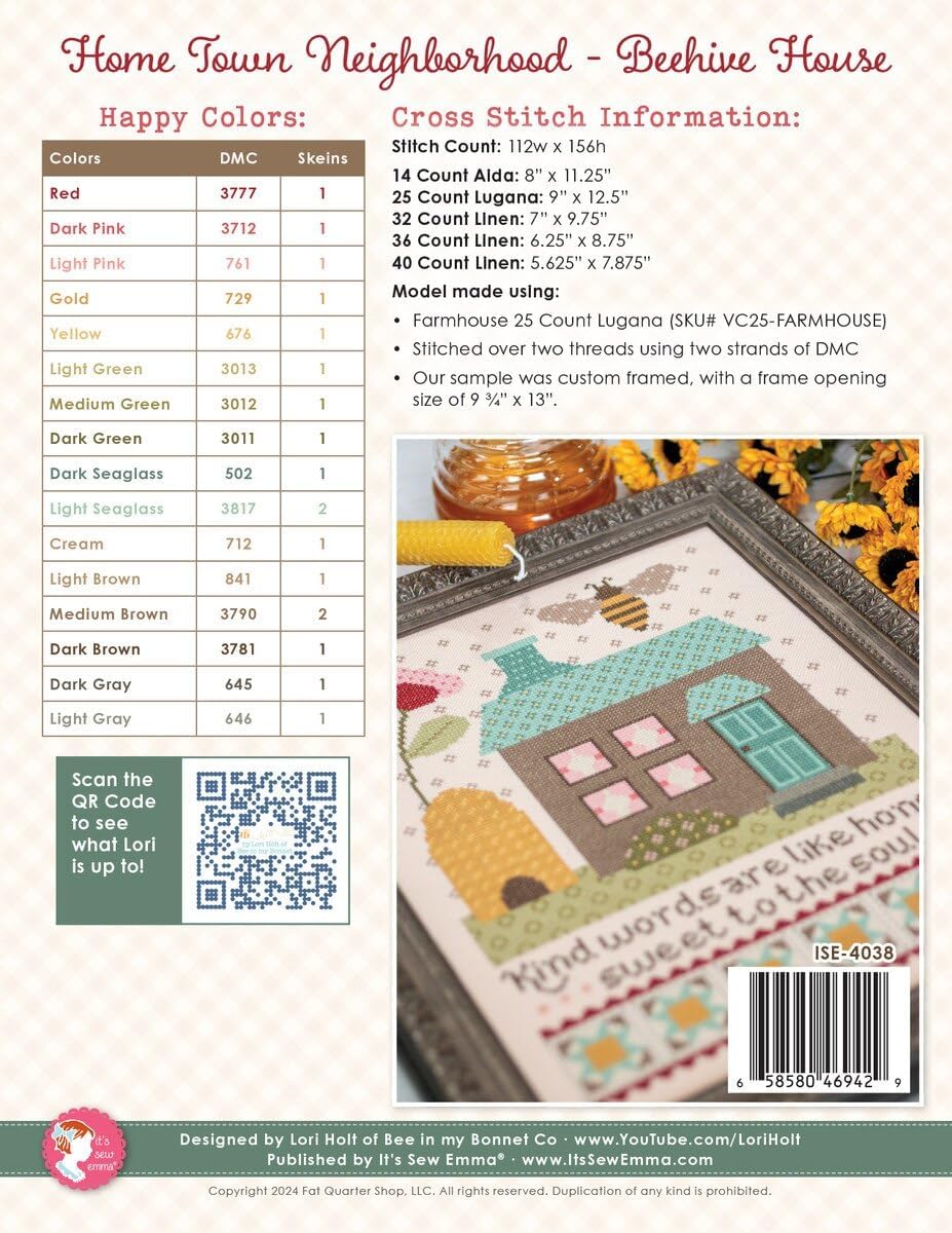 Riley Blake It's Sew Emma Home Town Neighborhood Beehive House Cross Stitch Pattern by Lori Holt of Bee in My Bonnet, Perfect for Quilting, Apparel, DIY Crafting, and Home Decor