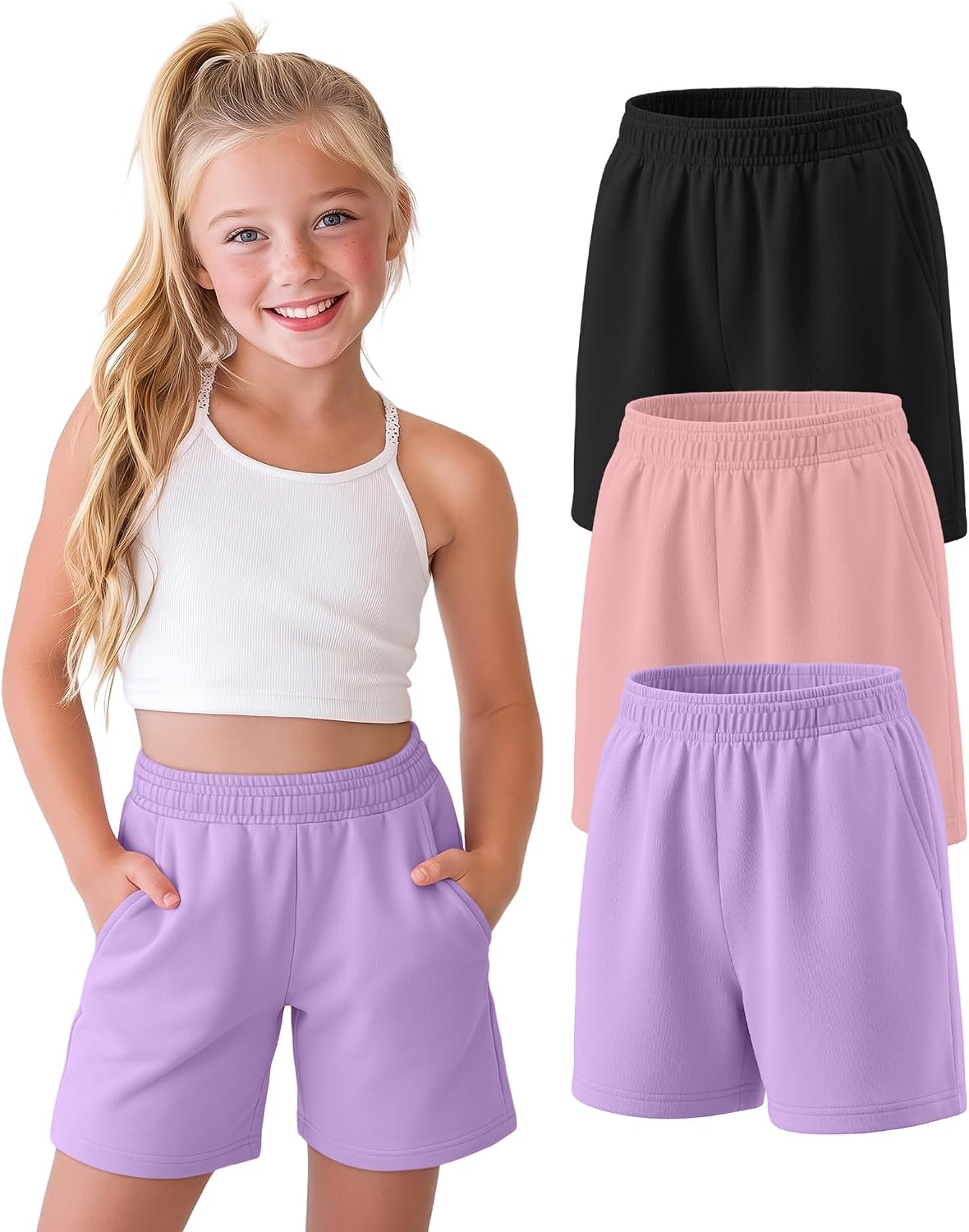 3 Pack Girls Shorts Kids Wide Leg Athletic Shorts Casual Summer Elastic Waist SweatShorts with Pockets 5-14 Years