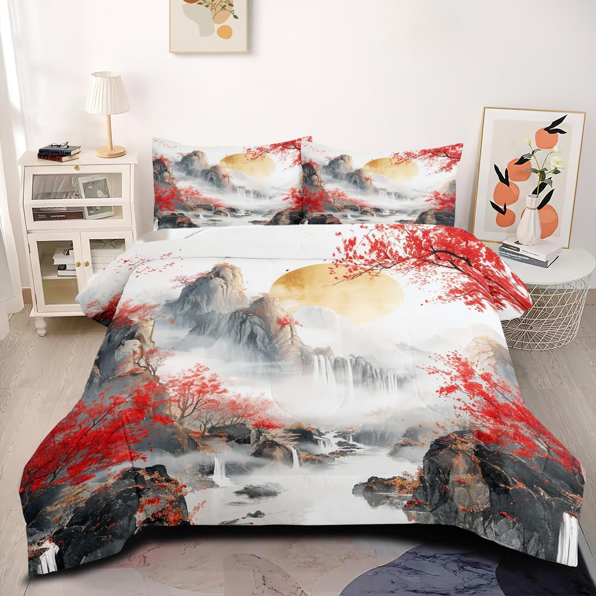 Chinese Mountain Comforter Set King Size Chinese Oriental Traditional Culture Bedding River Landscape Print Painting Bed Set for Girls Adult Women White Red