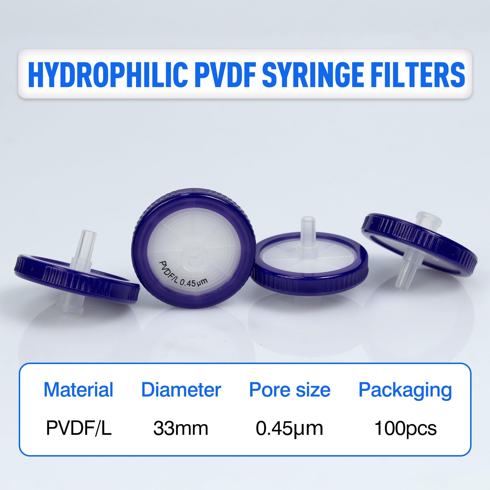100 piezas Filtros de Jeringa de PVDF Hidrofílicos de 0,45 μm Tamaño de Poro, Diámetro de Membrana de 33 mm, Filtro de Jeringa de laboratorio para ciencia biomédica
