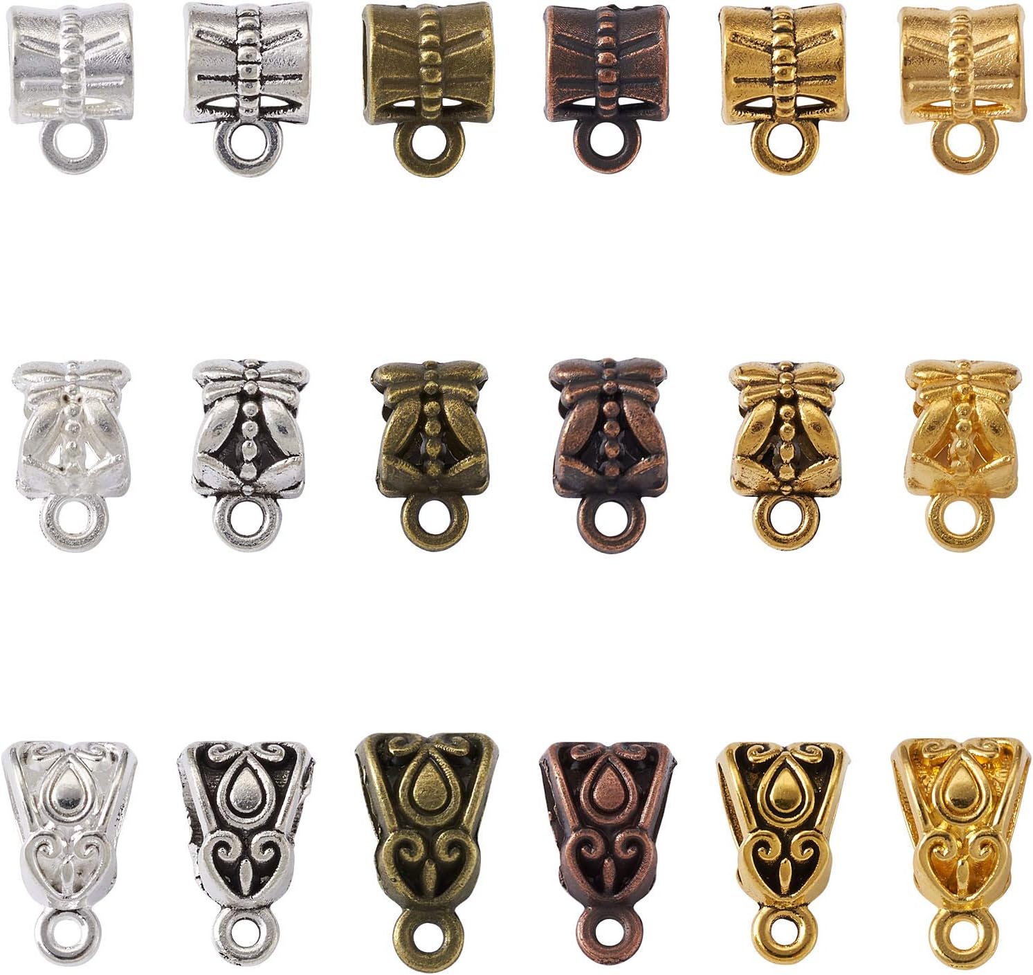 Beadthoven 270pcs 3styles Tibetan Column Bail Beads Antique Mixed Bail Tube Beads Slide Charm Dangle Hanger Connector Links for European Bracelet Necklace Pendant Jewelry Making Findings