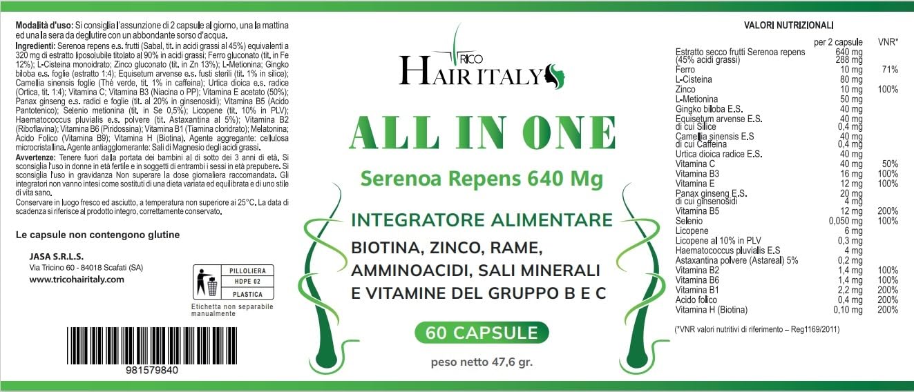 Integratore capelli e Vitamine capelli + serenoa repens+biotina+zinco+Selenio+Saw Palmetto e Caffeina.Multivitaminico Estratti Vegetali e Vitamine,Supporta la crescita aiuta contro la caduta.