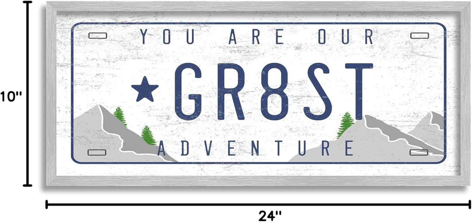 Stupell Industries Our Greatest Adventure Mountain Range License Plate, Designed by Daphne Polselli Gray Framed Wall Art, 10 x 24, Grey
