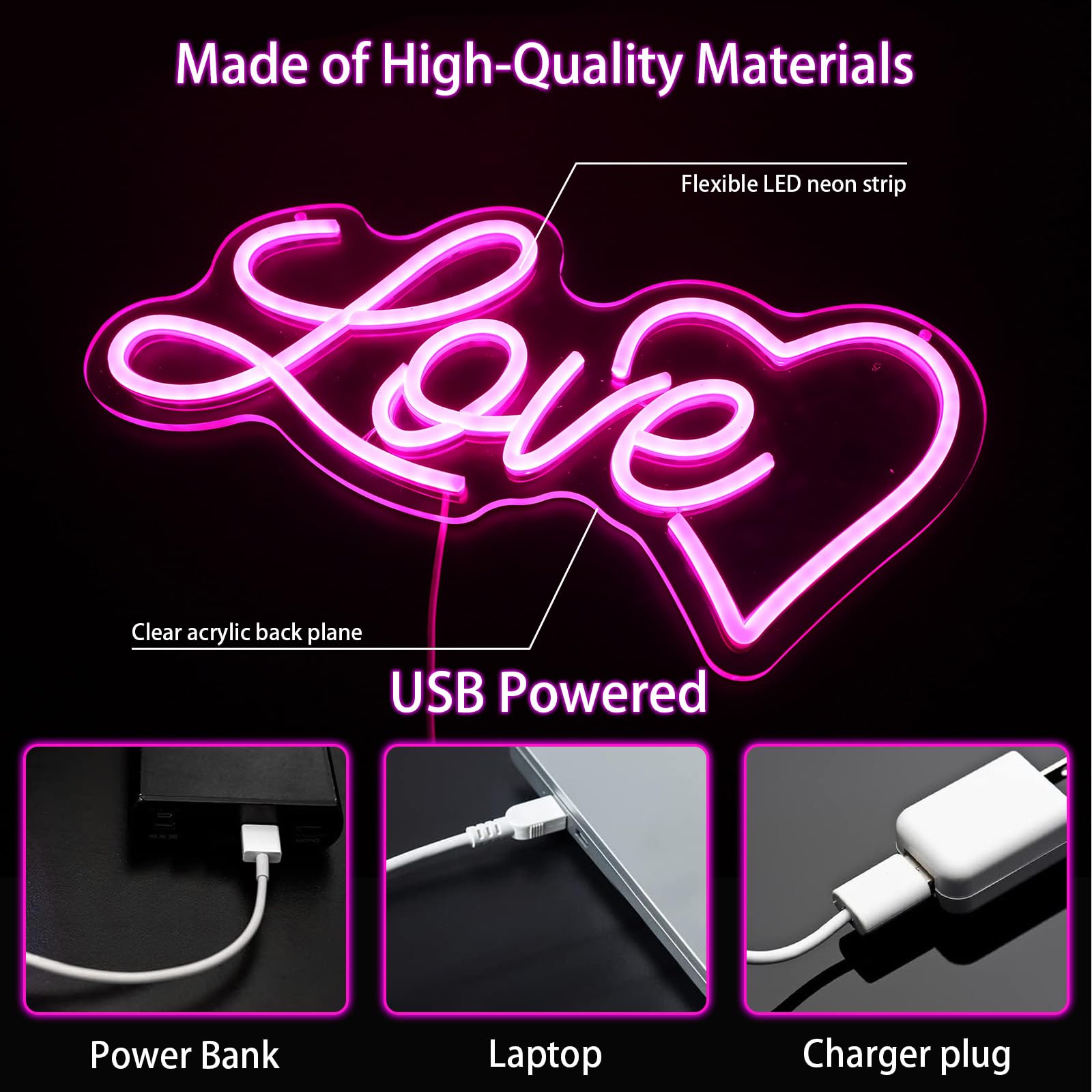 ENUOLI Insegna al neon Love, Illuminazione al neon per parete, Alimentazione USB, Cartello d'amore dimmerabile, Cuore Rosa, Decorazione per camera da letto, Casa, Matrimonio, Parete