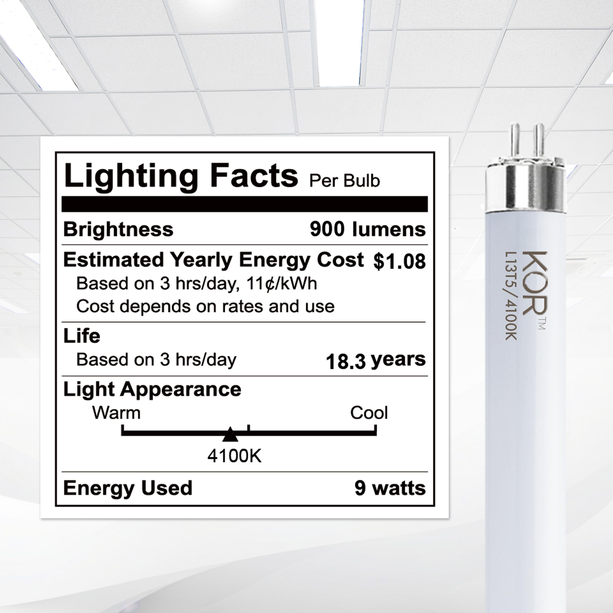 KOR (4 Pack) K22133 - L13T5/41K - LED Tube - 21 Inches Long - 8