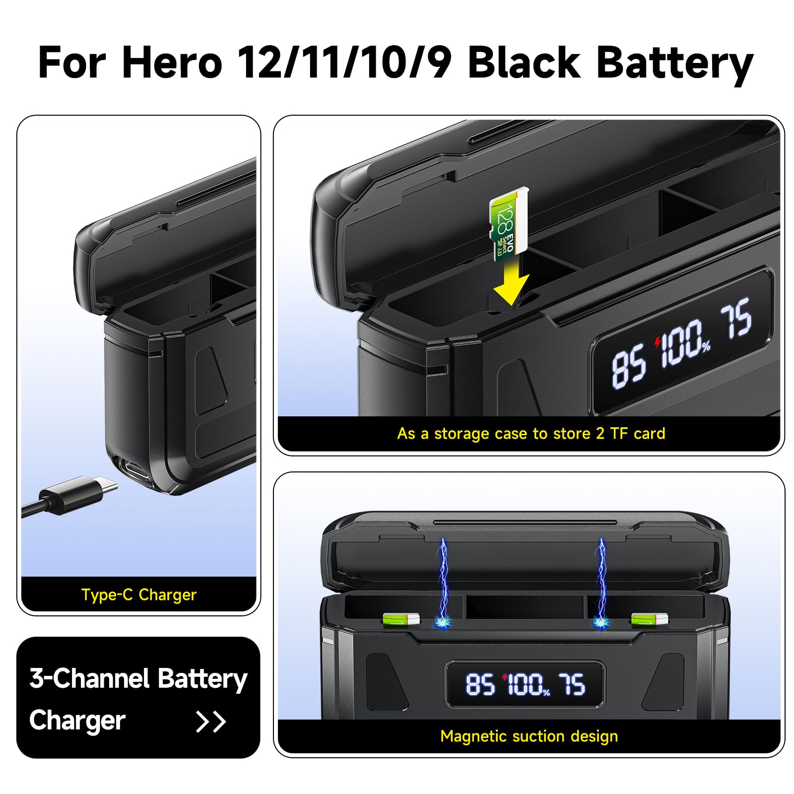 2000mAh Hero 12 Batería con Cargador para Hero 12/11/10/9 Black - Cargador de 3 Canales con Pantalla LCD, Ranura para Tarjeta TF, Apta para Baja Temperatura (3*Batería +1* Cargador)