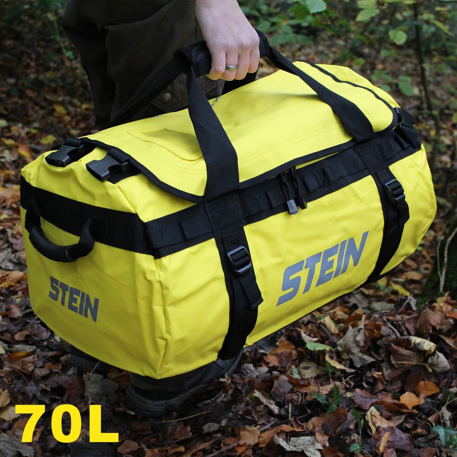 Wasserabweisende Reisetasche 40L/70L/90L – Umwandelbarer Rucksack Kit Tasche mit PVC-Plane, Kompressionsriemen & gepolsterten Schultergurten – STEIN Metro Outdoor Reise & Sporttasche, Orange, 70 l