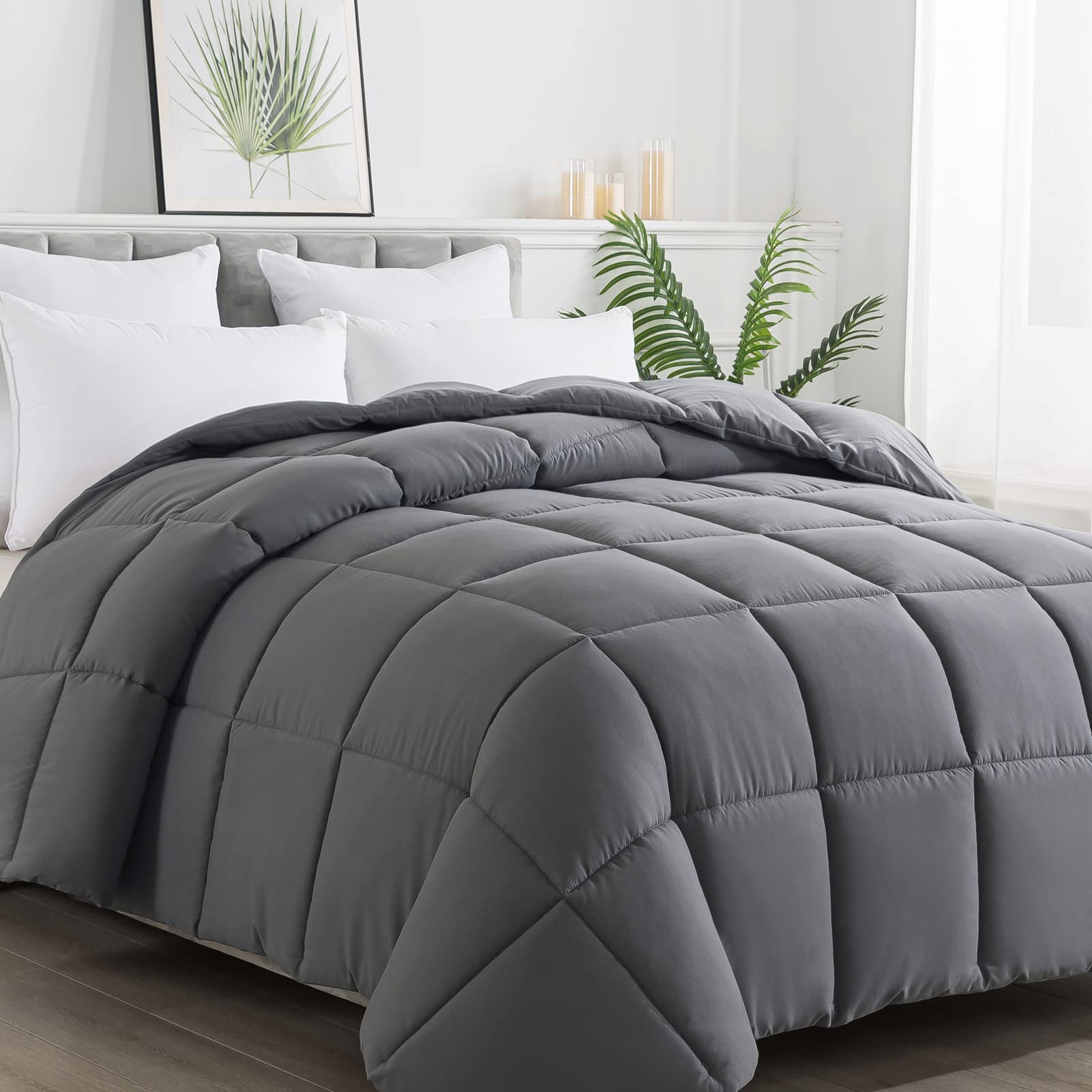 ELNIDO QUEEN All-Season Gray Down Alternative Quilted Comforter- Corner Duvet Tabs-Machine Washable-Duvet Insert or Stand-Alone Lightweight Comforter-Full Size(82Ã—86 Inch)