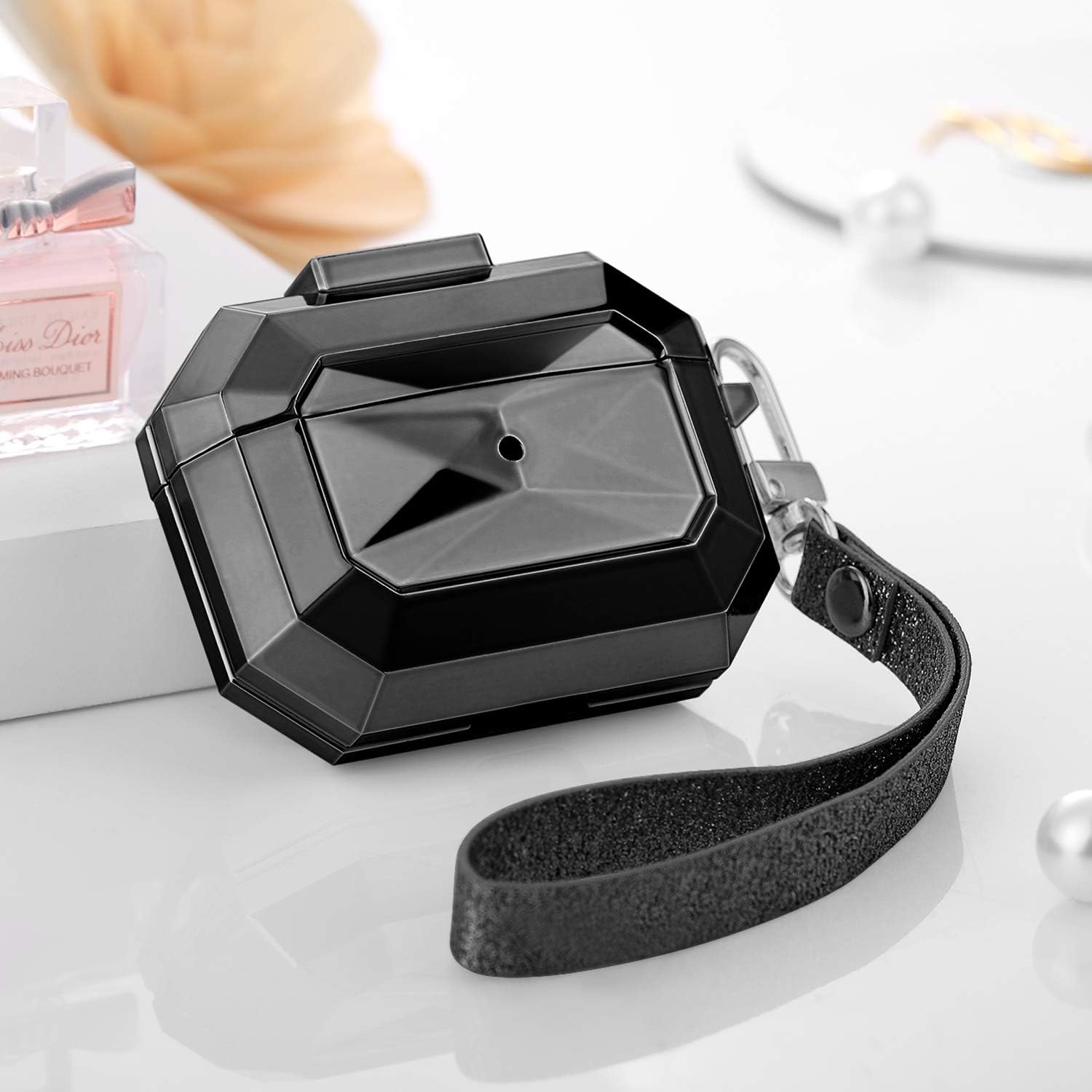 Witzon Cover Compatible for AirPods Pro Case Cute Gems Perfume Bottle Hard Protective Cases Skin with Glitter Wrist Lanyard Keychain Accessories Designed for Apple AirPod Pro Women Girls,Black